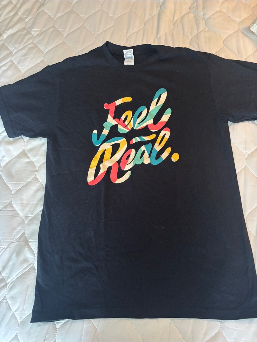 Gildan Black Short-Sleeve Tee with Multicolor 'Feel Real' Script